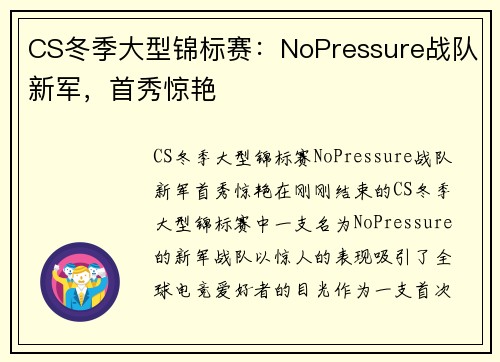 CS冬季大型锦标赛：NoPressure战队新军，首秀惊艳