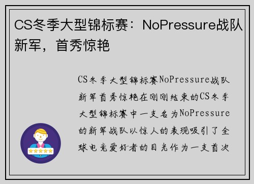 CS冬季大型锦标赛：NoPressure战队新军，首秀惊艳