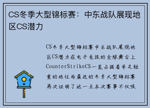 CS冬季大型锦标赛：中东战队展现地区CS潜力